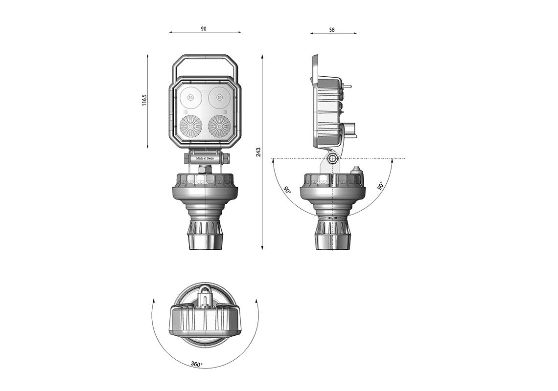 Phare de travail LED CARBONLUX carré 90X90mm FLEXY autoblok avec poignée et interrupteur- cable